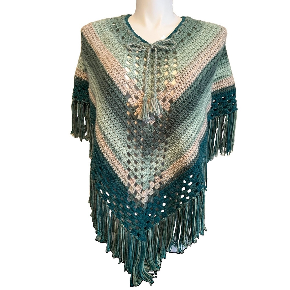 Vintage Handmade Crochet Poncho Fringe Boho Retro Hippie Festival Granny Core